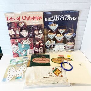 Cross Stitch Lot Bread Cloths Floss Organizer Leisure Arts Leaflets Hoop Aida